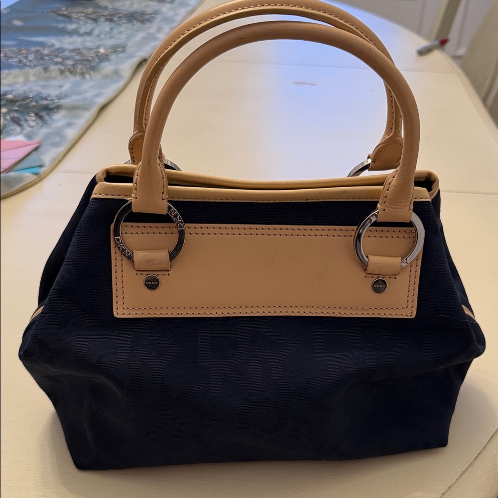 DKNY Navy and Tan Satchel